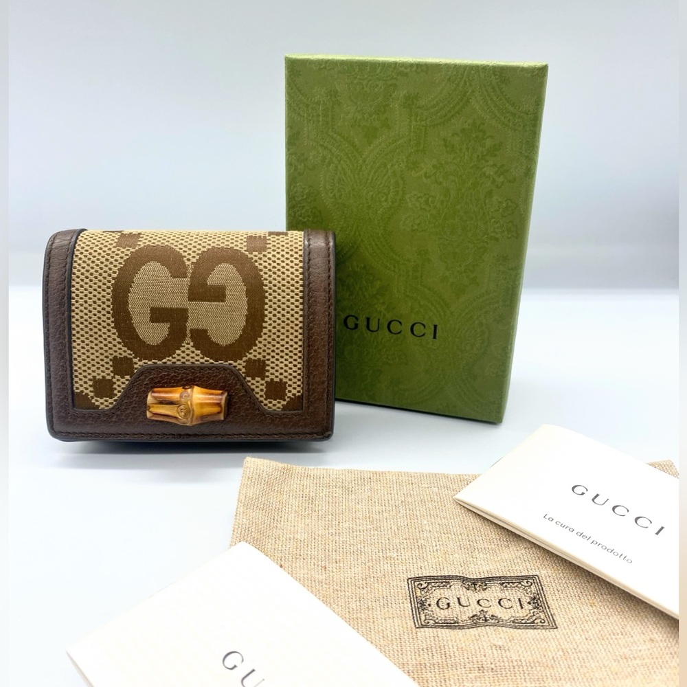 GUCCI Diana Jumbo GG Logo Bamboo Canvas Bifold Wallet Beige